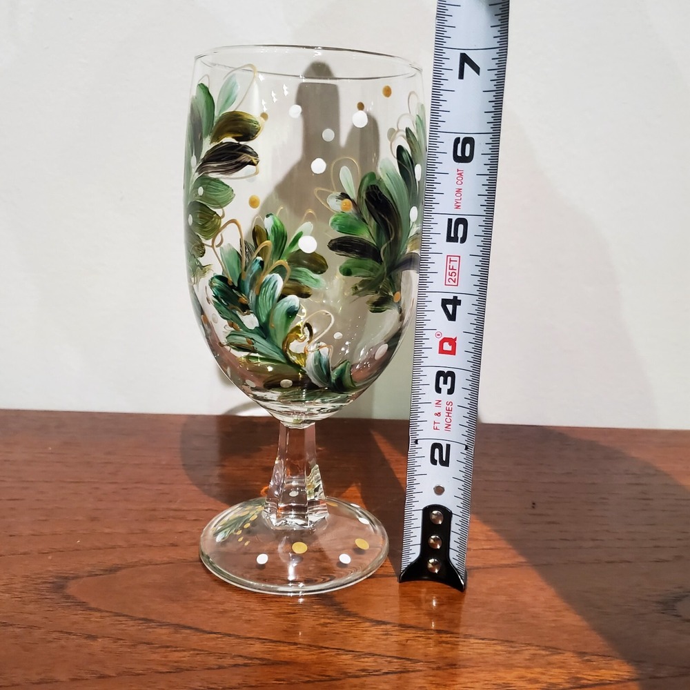 hand painted wine glass pine branch leaves green gold winter holidays handmade - Picture 4 of 4